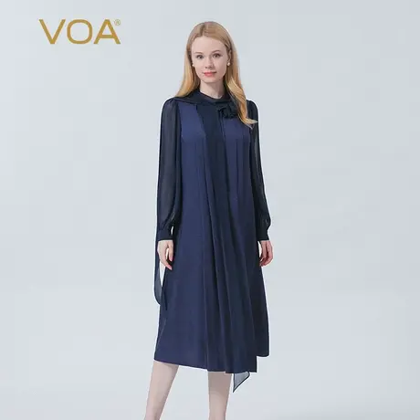 VOA100%桑蚕丝提花素玄如画半高领单排扣乔其拼接长袖连衣中长裙商品大图