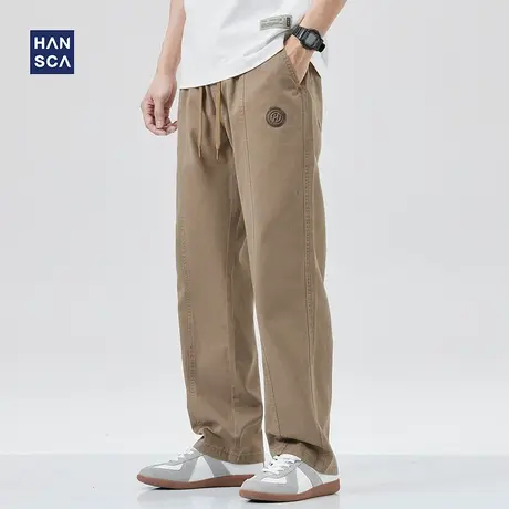 hansca新款纯棉休闲裤男春秋款宽松直筒美式复古长裤卡其色工装裤商品大图