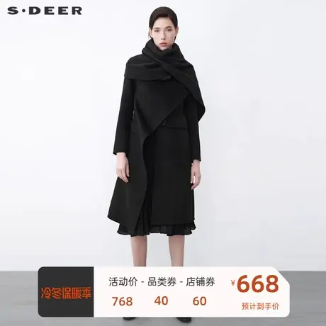 sdeer圣迪奥女装围巾拼接不规则长款黑色毛呢大衣S21481857图片