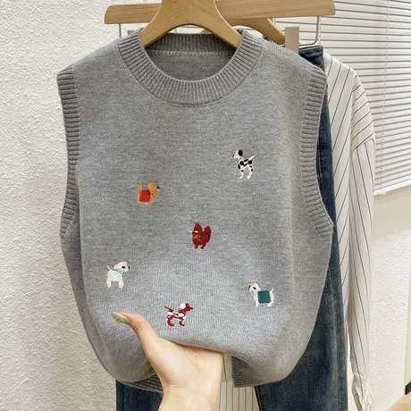 洋气卡通刺绣针织马甲女秋冬圆领宽松叠穿无袖毛衣坎肩女外搭背心商品大图