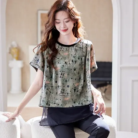 宝诗黎假两件提花拼接T恤女2025夏季宽松时尚百搭气质短袖上衣图片