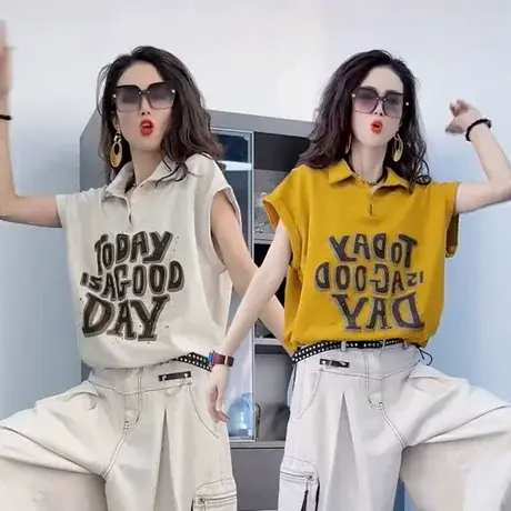 欧洲站2025夏季新款欧货女装polo领抽绳印花无袖显瘦休闲T恤上衣图片