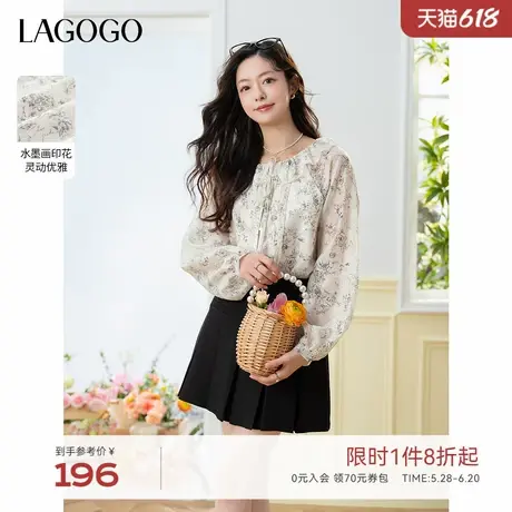 LAGOGO法式碎花娃娃领衬衫女拉谷谷春秋新款系带宽松长袖上衣商品大图