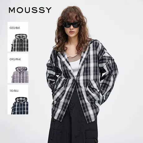 MOUSSY 2025夏季新品复古街头撞色格纹连帽长袖衬衫028ISA30-2301图片