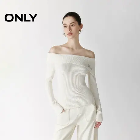 ONLY2025秋季新款一字领纯色坑条纹设计修身长袖白色打底针织衫女图片