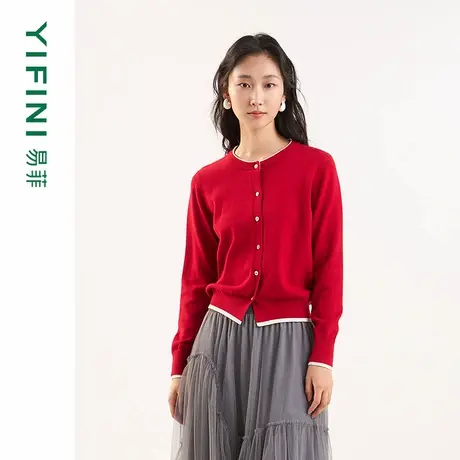 [专柜同款]Yifini/易菲假两件撞色圆领宽松短款外套针织毛织开衫商品大图