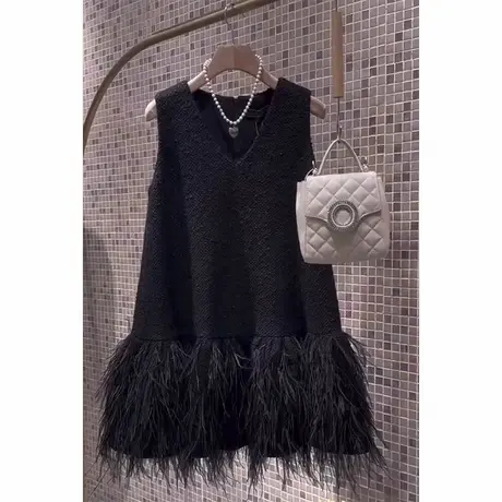 法式高级感小香风礼服黑色无袖v领羽毛连衣裙子女2025秋冬大码商品大图