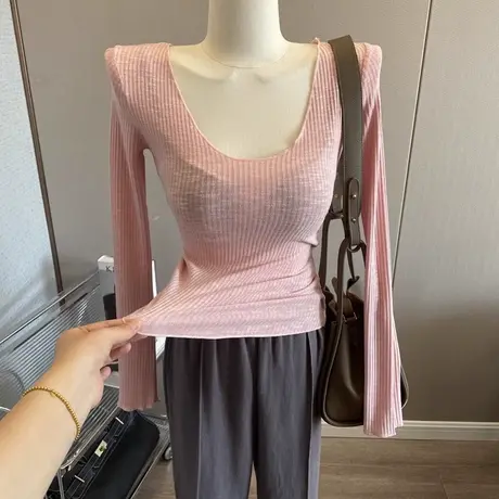 纯欲显身材~韩版薄款微透U领打底衫女紧身长袖T恤百搭纯色上衣新图片