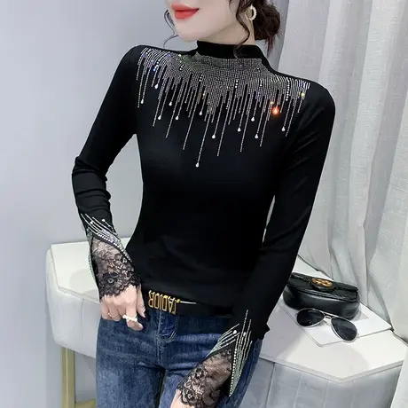 半高领打底衫女秋冬重工烫钻设计感小众上衣洋气蕾丝拼接T恤长袖商品大图