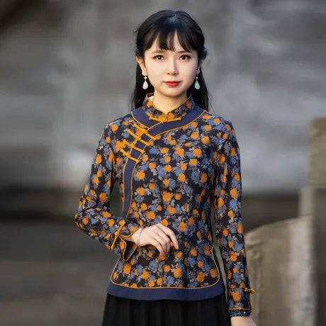 唐装女中国风旗袍上衣春长袖改良版复古中式盘扣禅意茶艺服装女图片