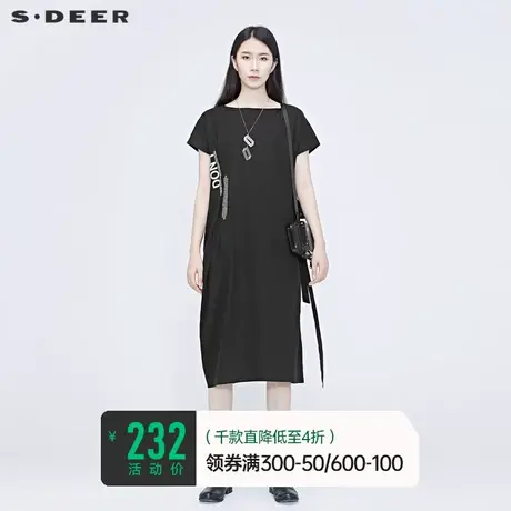 sdeer圣迪奥女装夏季飘带黑色高级感亚麻直筒气质连衣裙S20281265💴商品大图