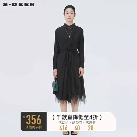 【👜商场同款】👝sdeer圣迪奥褶皱收腰网纱不规则衬衫连衣裙S22181204商品大图