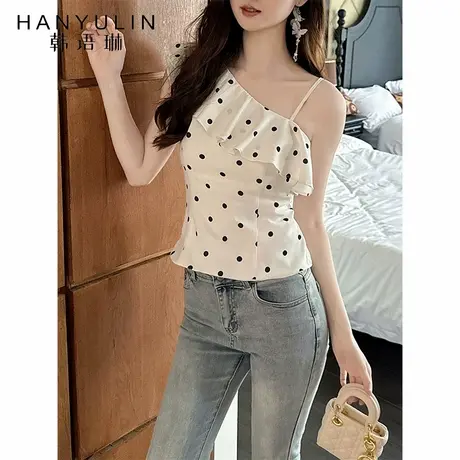 韩语琳 斜肩吊带衬衫女设计感小众2025新款夏千金风修身波点上衣商品大图