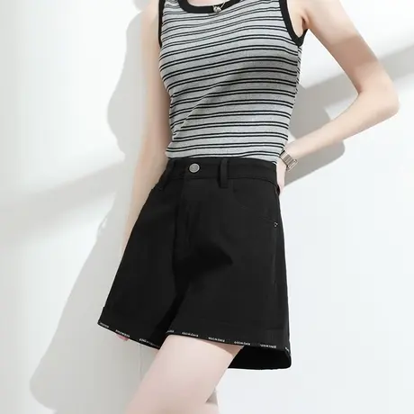 莱赛尔天丝四面弹卷边牛仔短裤女夏季薄款高腰a字直筒阔腿四分裤商品大图