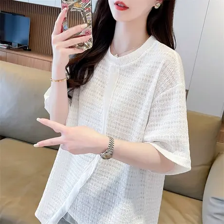 设计感小众褶皱短袖t恤女夏季韩版宽松大码女装不规则遮肚子上衣商品大图