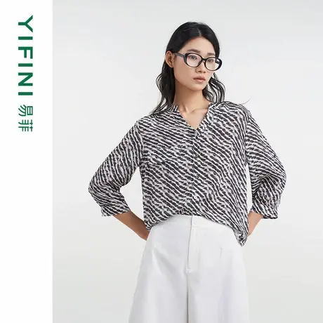 [专柜同款]Yifini/易菲简约斜条纹100%真丝宽松气质衬衫百搭上衣商品大图