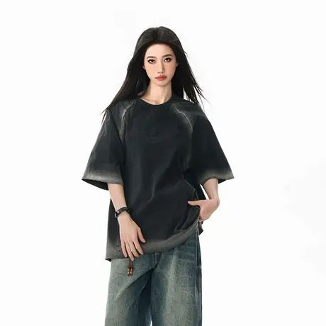 2025新款美式喷染做旧宽松短袖T恤女夏季街头ins风情侣款半袖上衣图片