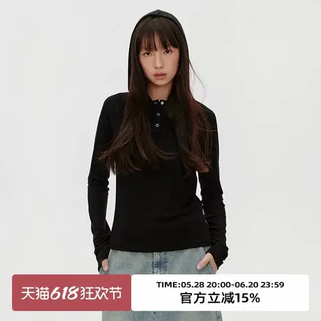 omont蛋挞家 复古亨利领弹力连帽打底衫2025春季修身显瘦长袖T恤商品大图