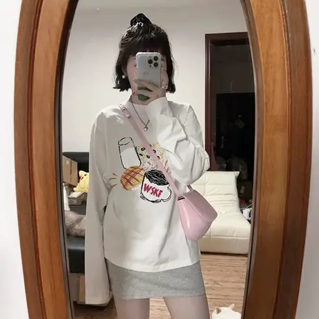 纯棉打底衫女春季上衣潮胖mm大码宽松白色长袖T恤ins日系潮牌内搭商品大图