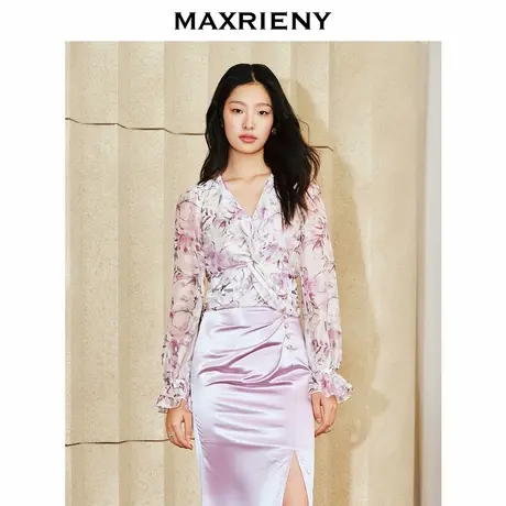 【奥莱】MAXRIENY复古感印花雪纺衫修身上衣女图片