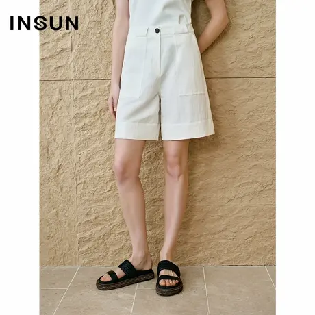 INSUN恩裳专选2025夏季老钱风棉麻白色阔腿短裤商品大图