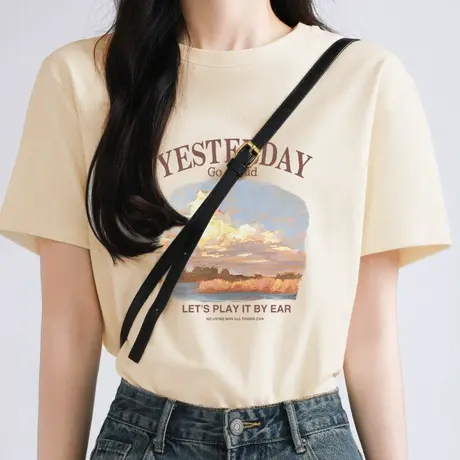 KWV真维斯纯棉短袖t恤女休闲搭配宽松圆领2025新款爆款半袖上衣女商品大图