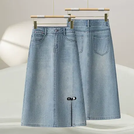 2025夏季新款时尚百搭高腰显瘦牛仔半身裙女中长款开叉休闲包臀裙商品大图