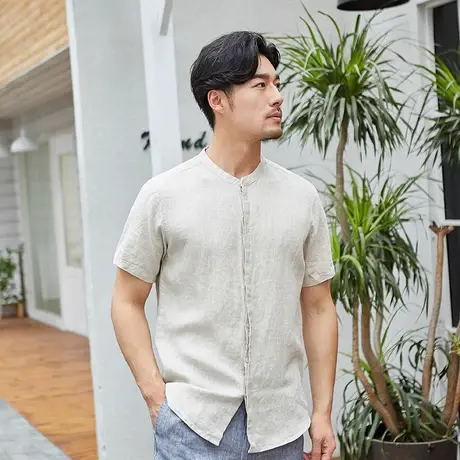 纯亚麻男士衬衫对开暗门襟夏季薄款休闲宽松上衣轻奢纯色时尚衬衣图片