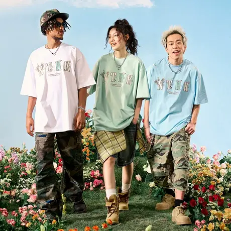 Nuthink潮牌花卉字母刺绣短袖美式复古宽松T恤男女情侣2025夏新款图片