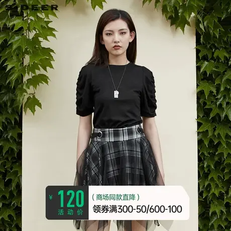 sdeer圣迪奥夏装时尚圆领抽褶基本款短袖T恤女S22280155图片