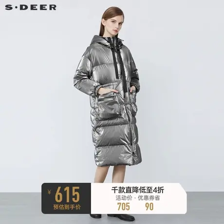sdeer圣迪奥冬高领连帽撞色飘带亮面长款羽绒服S21482437图片