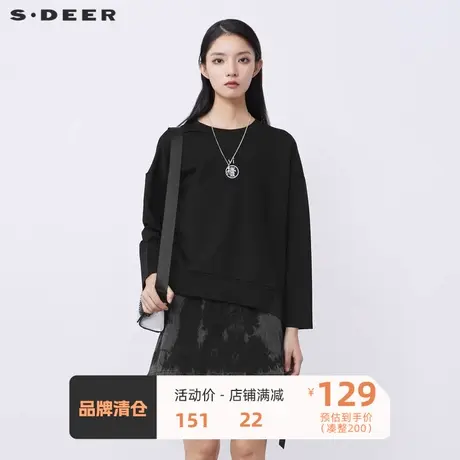 sdeer圣迪奥女装时尚圆领撞色绣花不规则长袖T恤S21480207图片