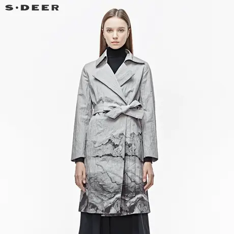 sdeer圣迪奥女秋季外套休闲翻领水墨晕染插袋收腰风衣S19381862图片