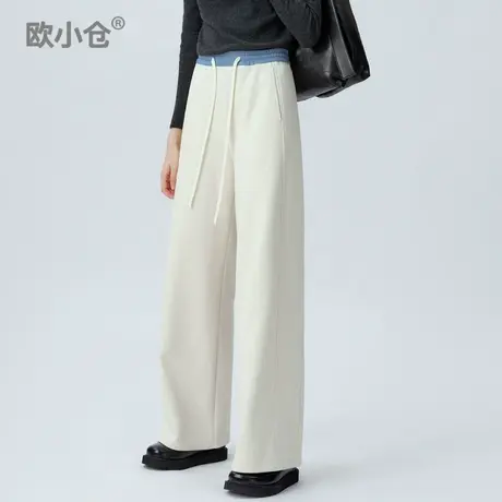 欧小仓舒芙蕾ins秋冬超模裤加厚白色裤子牛仔撞色拼接毛呢阔腿裤商品大图