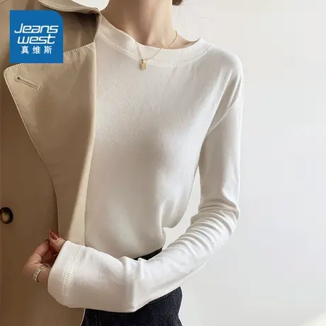 KMV真维斯白色长袖女2025春季爆款宽松百搭休闲纯棉基础款上衣T恤商品大图