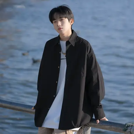 回力黑色衬衫男士春秋季2025新款日系长袖衬衣高级感潮流痞帅外套图片