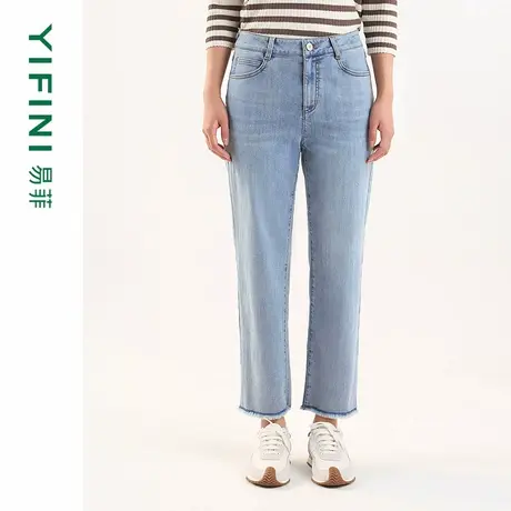 [专柜同款]Yifini/易菲时尚经典蓝色直筒裤显瘦九分牛仔裤法棍裤商品大图