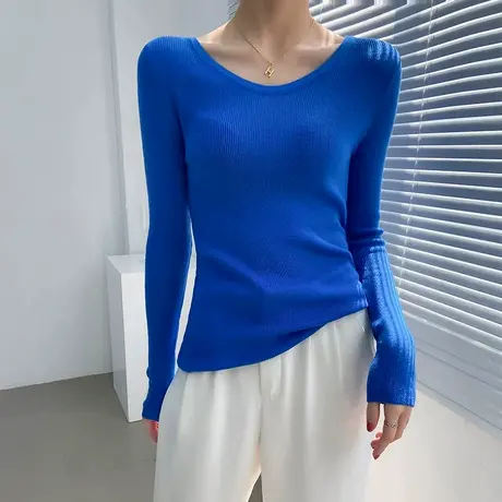 秋季u领打底衫女修身长袖锁骨网红洋气百搭薄款微透t恤欧货毛衣潮商品大图