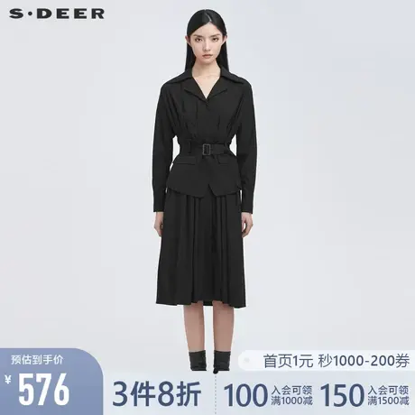 sdeer圣迪奥2022春季新款复古腰封两件套黑色连衣裙女S22161223🔁商品大图