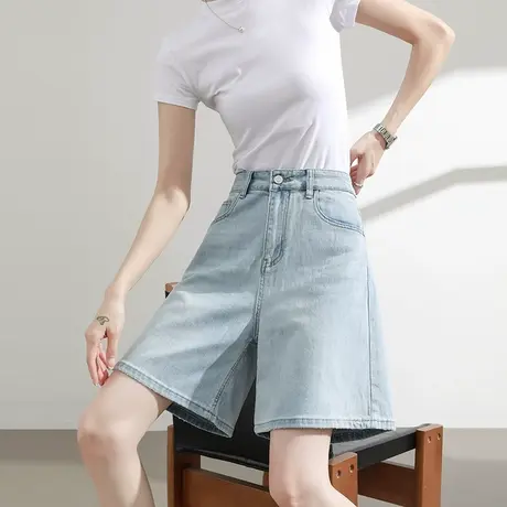 牛仔短裤女夏季薄款高腰宽松显瘦裤子a字百搭浅蓝色直筒五分中裤商品大图