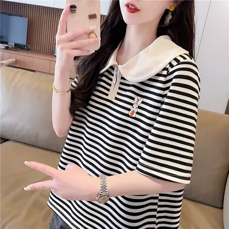 海军风翻领polo衫短袖t恤女夏季韩版宽松大码女装条纹小个子上衣商品大图