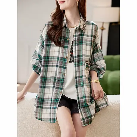 宝诗黎钉钻拼接格子衬衫外套2025春季韩版休闲百搭大码防晒衬衣女商品大图