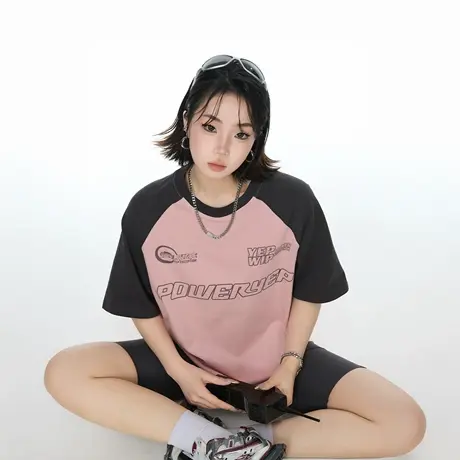 2025夏季新款宽松圆领印花短袖T恤女潮流街头ins风拼色半袖上衣图片