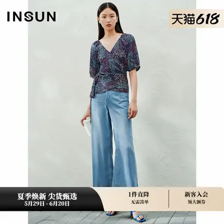 【桑蚕丝】INSUN恩裳夏季V领围裹式桑蚕丝印花上衣商品大图