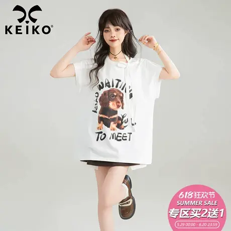 KEIKO美式小狗印花白色短袖t恤夏季设计感蝴蝶结系带正肩凉感上衣图片