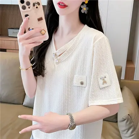 小众设计感短袖t恤女夏季韩版宽松大码v领小心机短款小个子上衣服图片