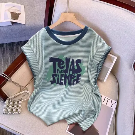 超火cec条纹t恤甜酷女设计感独特短袖大码胖mm欧货上衣洋气小衫潮图片