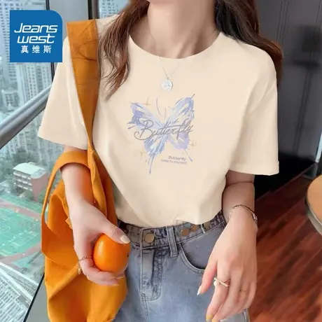 KMV真维斯杏色短袖t恤女夏季2025新款纯棉宽松大码小众设计感上衣图片