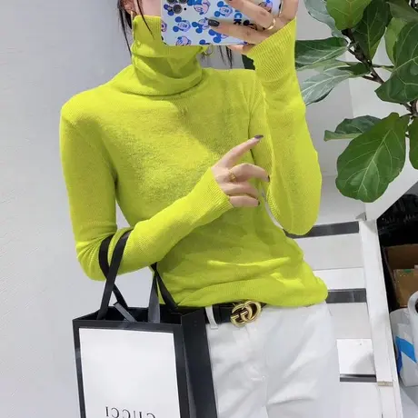 欧洲站2021秋款毛衣女欧货时尚高领糖果色显瘦弹力细羊毛针织衫潮商品大图