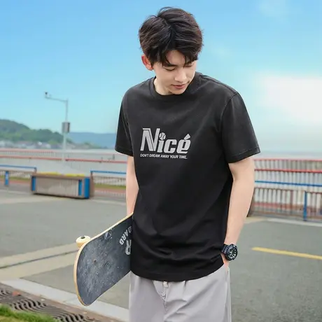 唐狮夏季新款男短袖T恤宽松字母印花圆领上衣学生潮流内搭t图片